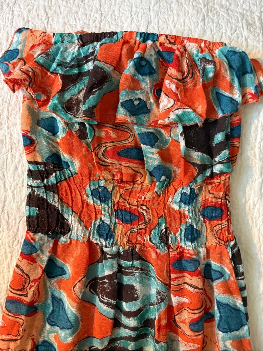 Chesley Strapless Maxi Dress in Orange and Teal Abstract Print - Picture 5 of 9